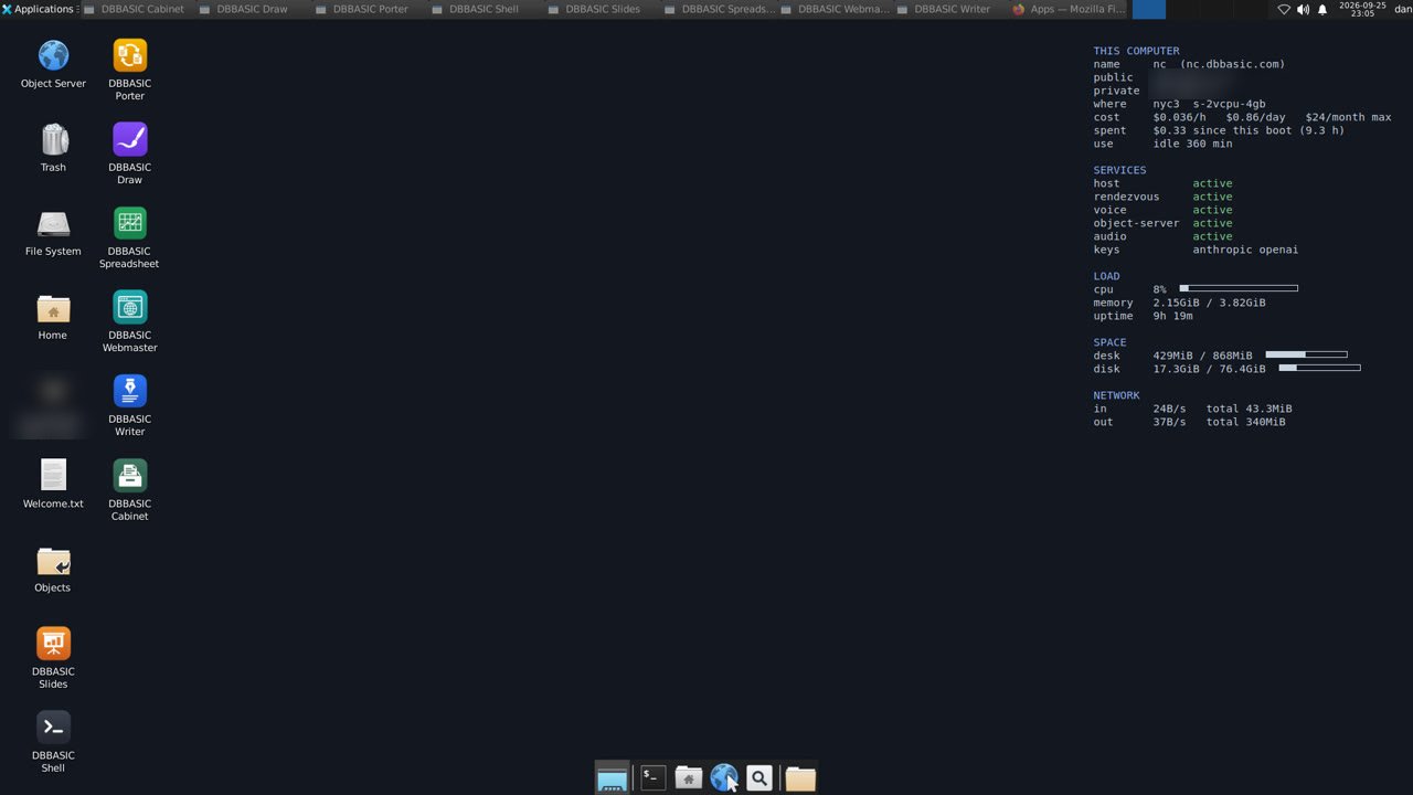 The Network Computer desktop: the DBBasic apps and the desk's dashboard