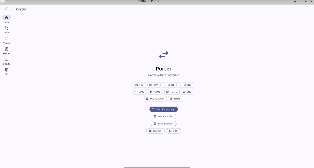 Porter's home screen: the formats it converts